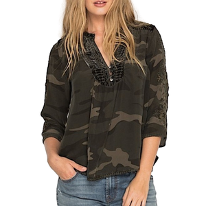 Johnny Was Olive Camo Crochet-Trim V-Neck Blouse